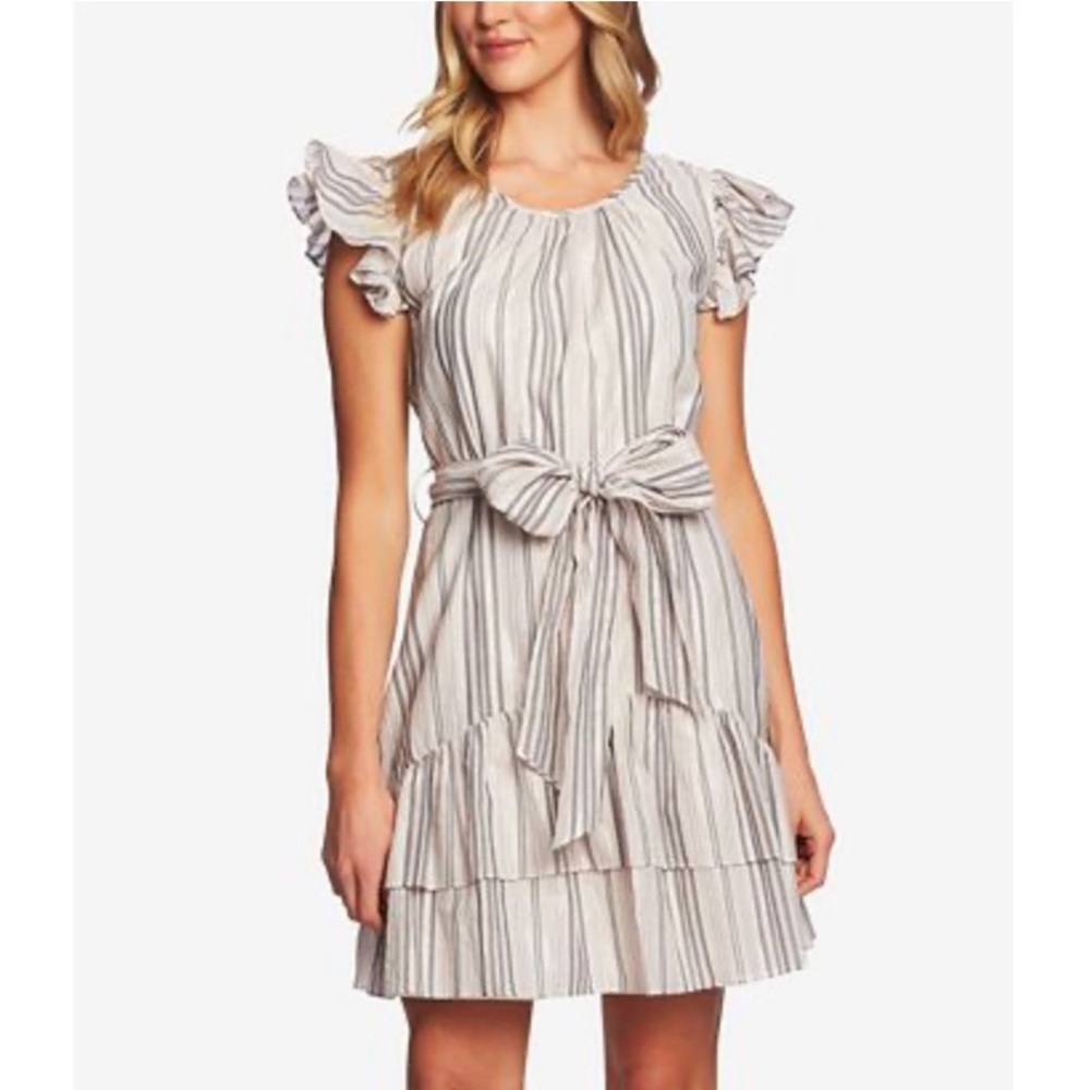 Cece Flutter Sleeve Metallic Stripe Ruffled Dress - image 2